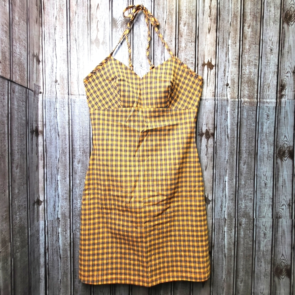 Vintage 90s Y2K Blue Asphalt Orange Gingham Halter Mini Dress Size Small